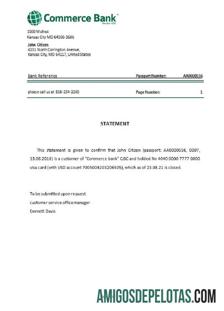 Referência de fechamento do USA Commerce Bank modelo